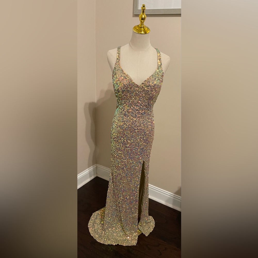 090 Primavera Gold Sequin Evening Gown